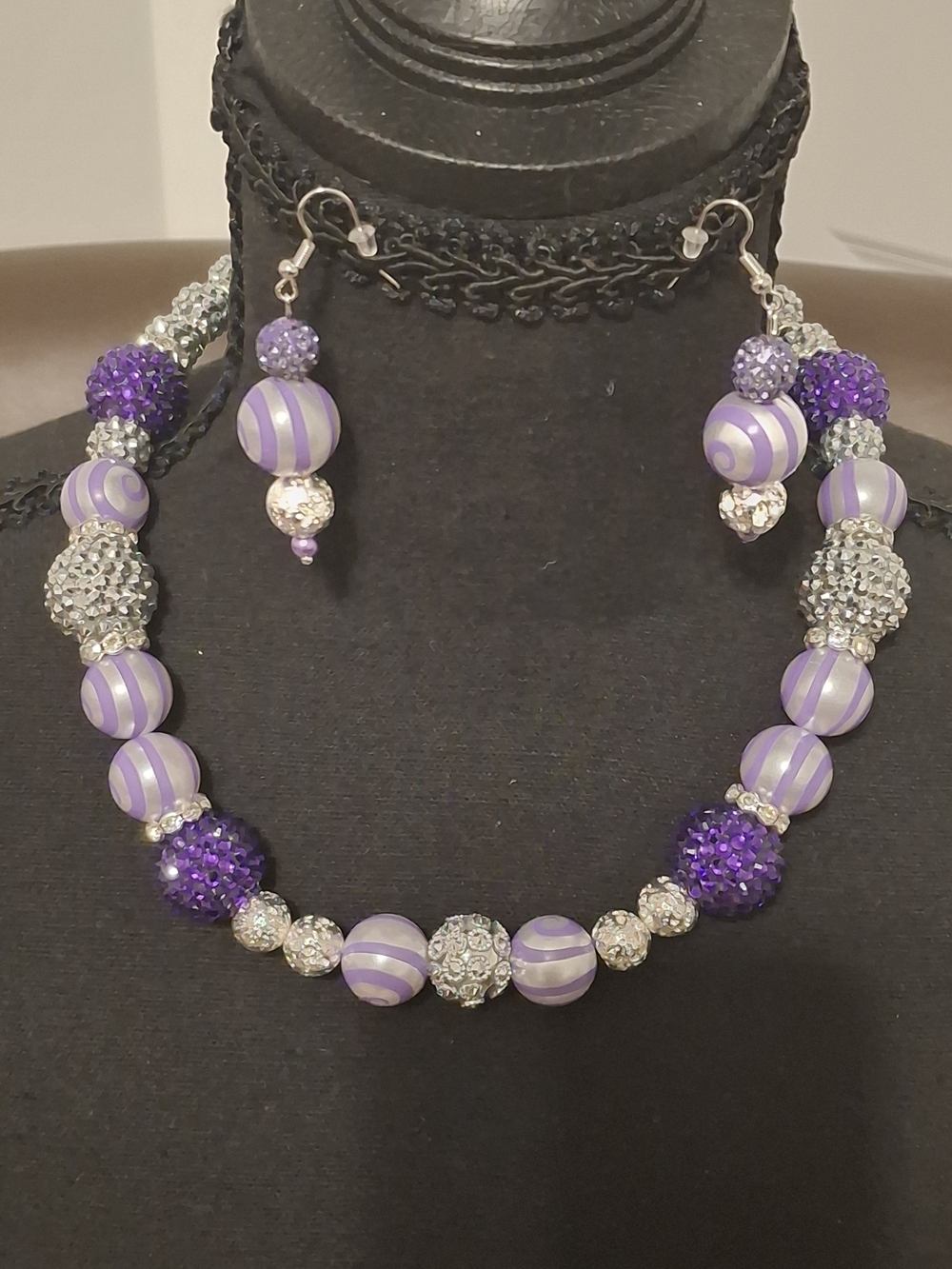 Purple Beaded Statement Necklace and Earrings Set
